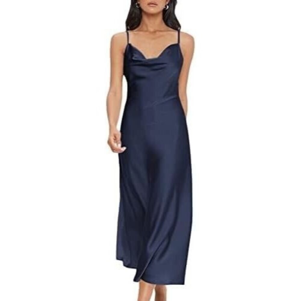 Tsher Women's Satin Dress Size XSmall Cowl Neck Spaghetti Strap Navy Blue  D8